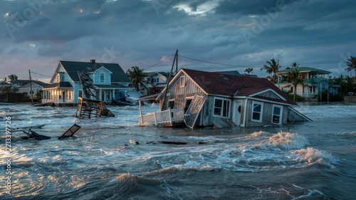 A residential house, half‑submerged by turbulent ocean waves during a severe flood or storm.