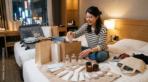 A tourist unpacking newly purchased K-Beauty cosmetics on a hotel bed in Myeongdong after a shopping trip. Arranging skincare bottles and sheet masks on a towel. Travel and leisure lifestyle.