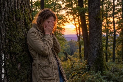 Sad Woman Covering Face While Leaning Against Tree in Forest