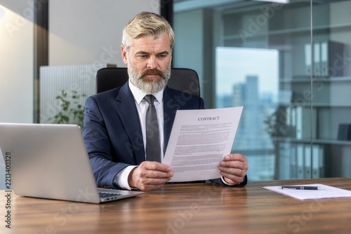 Businessman Reading Contract at Office Desk