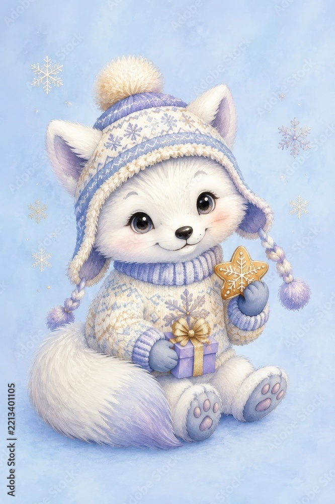 Fototapeta premium Adorable winter fox cub holding cookie beside wrapped gift