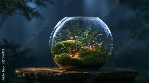 Glass fern terrarium with moss and warm glowing lights in a moonlit garden
