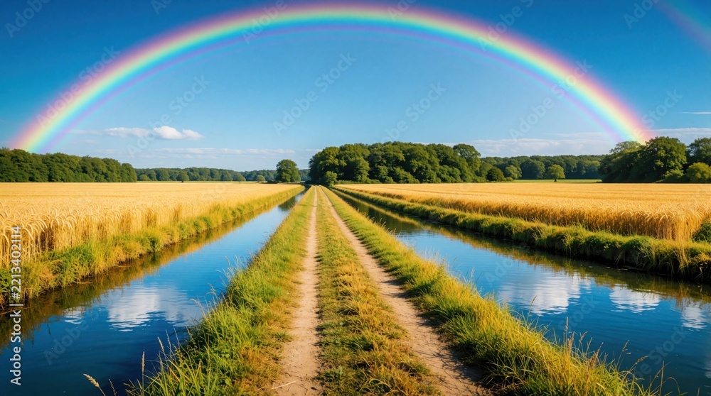 Fototapeta premium Vibrant rainbow arches over golden wheat field, calm waterway. Dirt path leads through rural countryside under blue sky with white clouds. Scenic landscape shows peaceful summer nature after rain