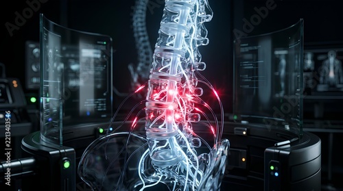 Digital spinal column model with glowing pain points lab.