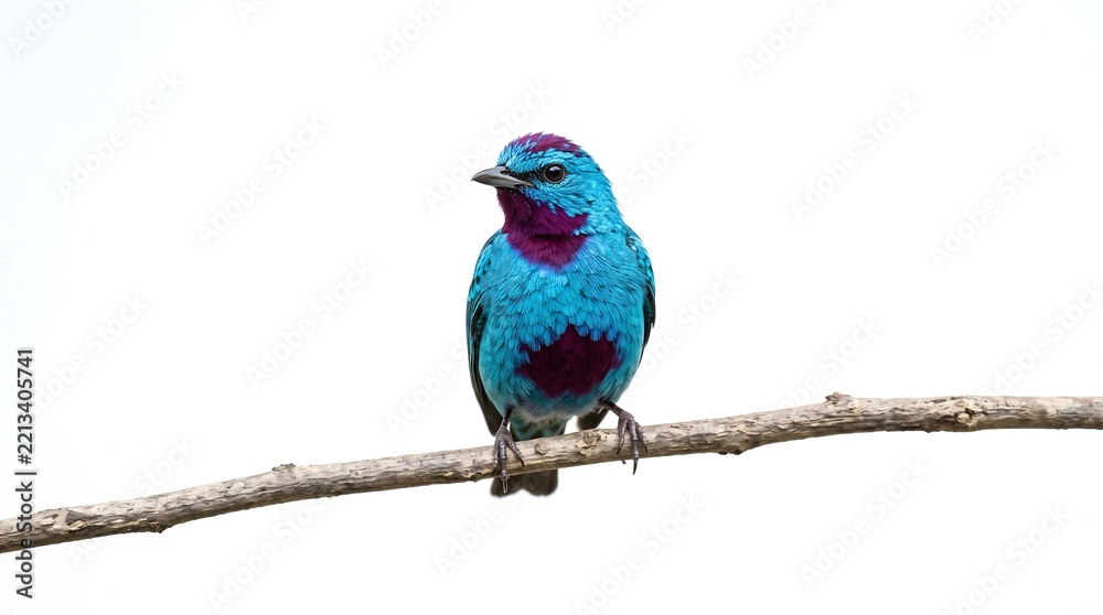 Obraz premium Vibrant Blue and Purple Songbird Resting on a Natural Branch Isolated Against a White Background