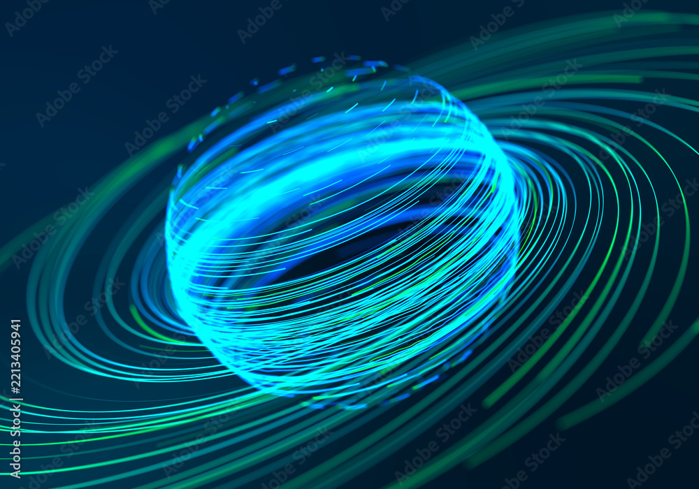 Fototapeta premium Abstract neon blue and green swirling light trails forming a luminous sphere on a dark futuristic background for digital technology concepts. 3D Rendering