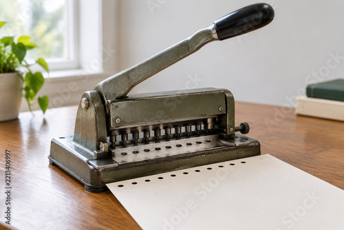 Vintage manual paper perforator on a wooden desk, revealing a neat row of circular holes.