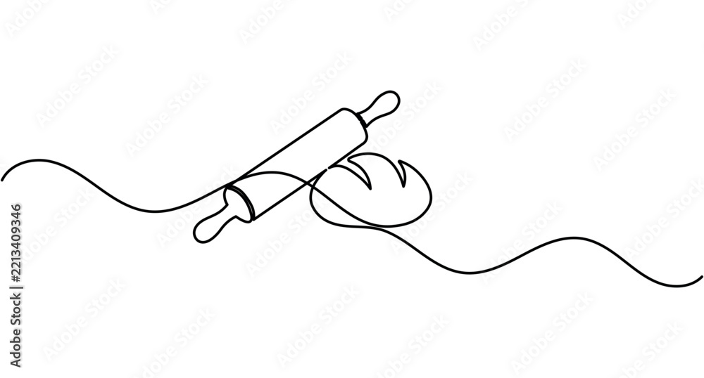 Obraz premium Rolling pin with bread continuous one line drawing minimalist kitchen baking editable stroke vector illustration