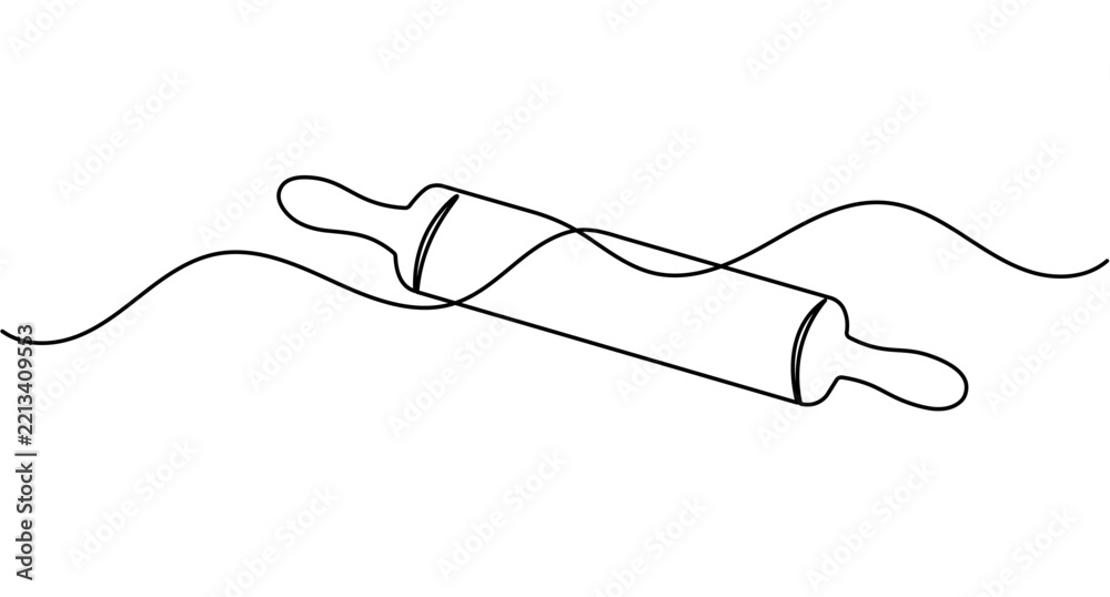 Obraz premium Wooden rolling pin utensil continuous one line drawing minimalist kitchen baking editable stroke vector illustration