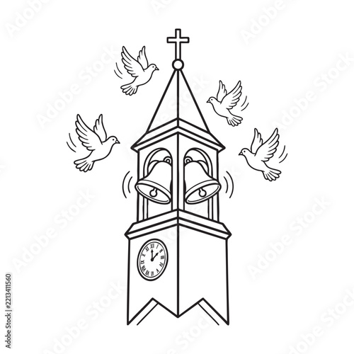 Church bell tower with ringing bells and flying doves black and white line art illustration