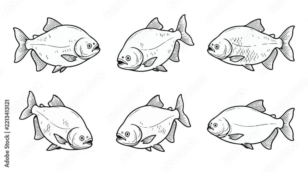 Obraz premium Pacu Fish Vector Line Art Set for Freshwater Fishing and Amazonian Wildlife Icons 