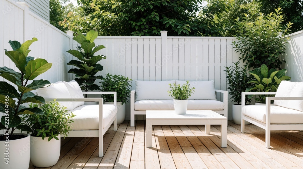 Fototapeta premium Minimalist backyard deck with white outdoor furniture, green potted plants. Modern Scandinavian style patio features wooden floor, white sofa, armchairs, coffee table. Bright airy terrace garden