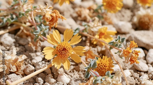 Small yellow desert flowers bloom among pebbles and dry vegetation.