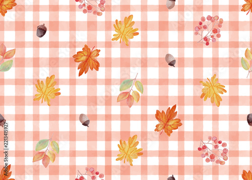 watercolor autumn fall leaves on gingham plaid background seamless pattern