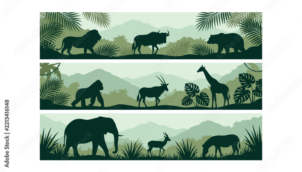 Fototapeta premium Wild safari animals silhouette banner set with lion elephant giraffe gorilla and jungle mountain landscape vector