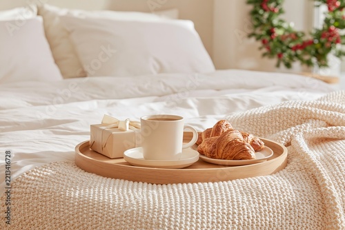 Unmade white bed with wooden breakfast tray holding coffee, croissants, and wrapped gifts beside a small decorated Christmas tree in a cozy bedroom setting