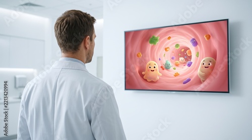 Doctor Observing Animated Microorganisms on Screen in Modern Medical Environment