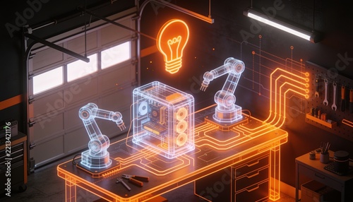 Isometric garage lab with glowing orange idea lightbulb, holographic wireframe workbench and prototype devices in neon circuitry on dark backdrop, early stage AI startup founder illustration