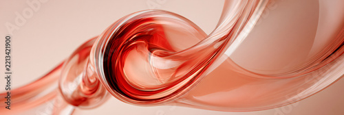 Dynamic flowing peach and pink glass wave, 3D abstract technology banner, macro view.