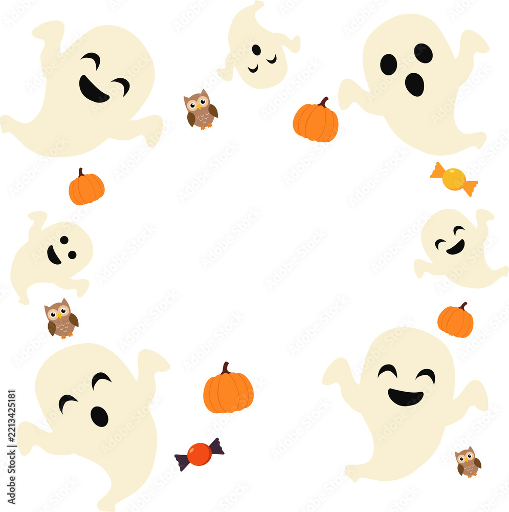 Obraz premium Cute Cartoon Ghosts Halloween Frame with Pumpkins Owls and Candies Vector Flat Isolated Border 