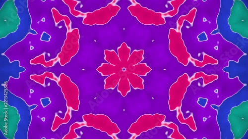 Kaleidoscope flow seamless loop psychedelic mandala colorful VJ symmetric pattern shifting green magenta orange and blue shapes morph in mirrored symmetry for club screens and festival stages