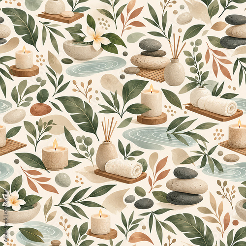 Zen Spa Water and Botanical Illustration: Serene Water Elements, Lush Greenery, Stones, and Tropical Botanicals for Relaxation