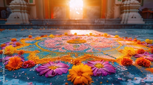 Panoramic Colorful Floral Rangoli with Warm Light

