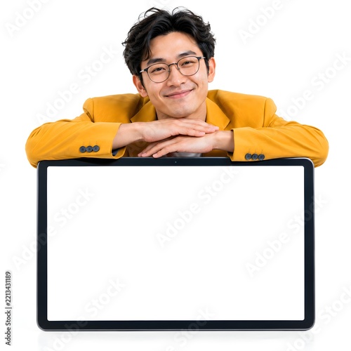 Warm portrait of smiling young man in yellow blazer and glasses resting chin on hands behind blank tablet, copy space