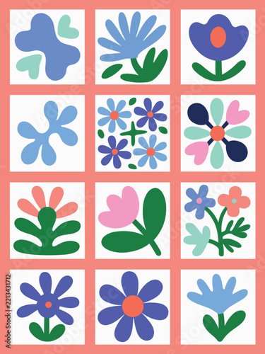 Set of cute hand drawn floral elements in grid