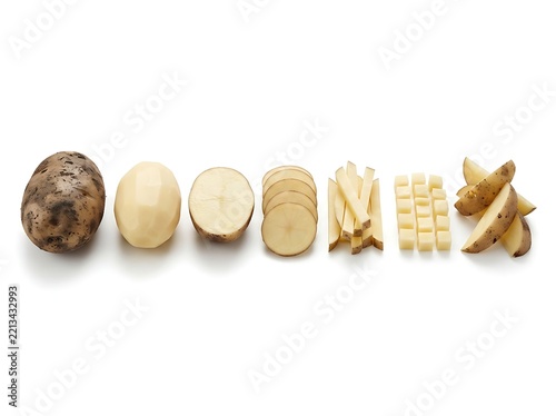 Various stages of potato preparation including whole, peeled, sliced, julienned, diced, and wedged, isolated on white background
