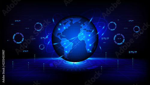 Technology globe with network communication, data exchange, digital global connection, internet links, cyber grid, glowing nodes, and neon blue worldwide connectivity background