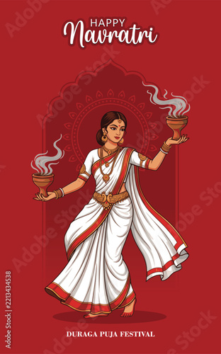 Indian woman performing dhunuchi dance for Navratri Durga Puja festival poster.