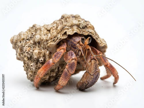 A detailed closeup of a hermit crab emerging from its textured, weathered seashell, isolated on white background
