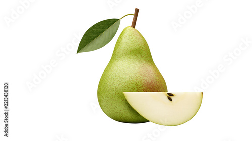 Isolated fresh whole and sliced green pear with leaf, delicious ripe organic fruit.