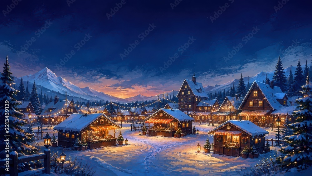 Fototapeta premium Snowy alpine village glowing beneath twilight mountain skies