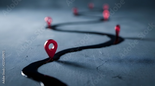 Winding Route with Red Location Pins on Minimal Landscape