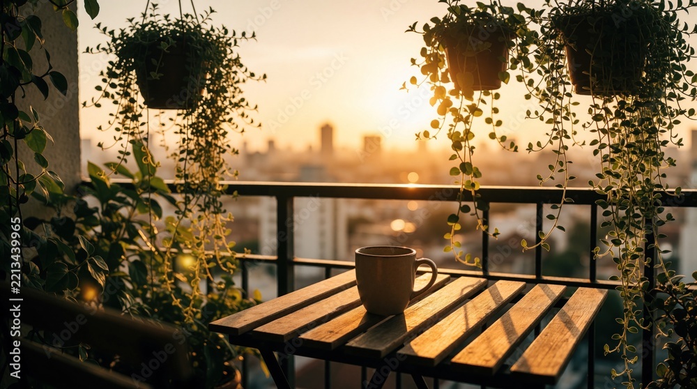 Fototapeta premium Coffee cup sits on wooden table on apartment balcony at sunset. Hanging green plants decorate terrace with city skyline view. Warm golden light creates cozy atmosphere for morning drink evening
