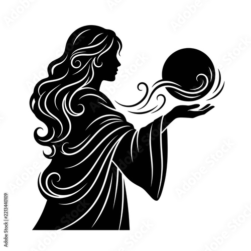 Mystical woman silhouette holds a floating orb in her outstretched hand against a white background.