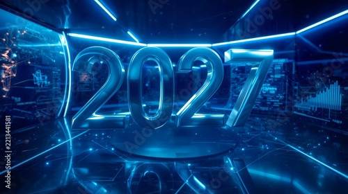 Glowing neon digits mark the year 2027