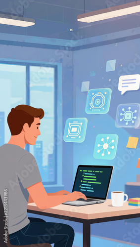 Young man coding on laptop in modern office, surrounded by floating digital icons, technology, innovation, and creativity, with city view and coffee cup on desk