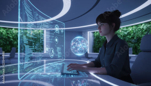 Futuristic office woman holographic screen technology coding artificial intelligence digital interface innovation modern workspace concentration green wall science
