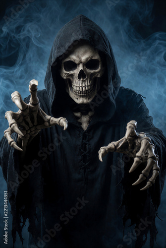 Grim Reaper Skeletal Figure Reaching Hand in Dark