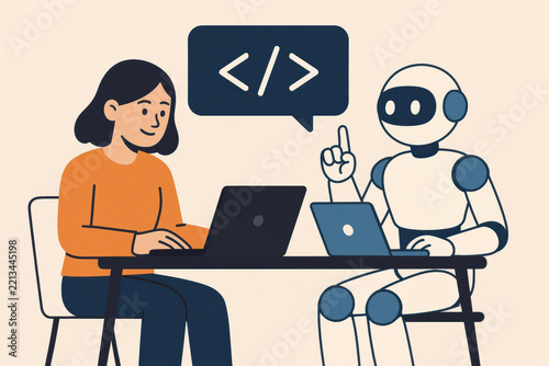 Woman robot laptop coding technology artificial intelligence teamwork collaboration digital workspace create modern scene of human and robot working together programming expressing innovation