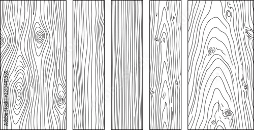 Set of five wooden plank texture illustrations with distinct grain patterns in black and white line art