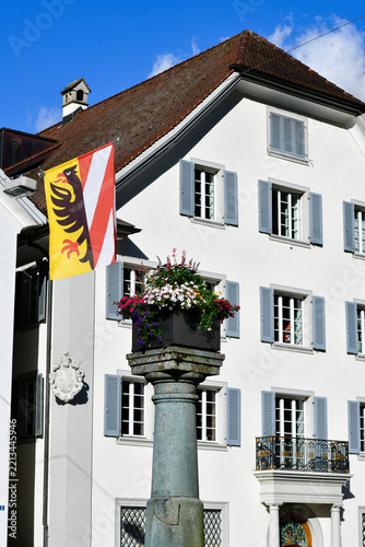 Fotografie Der historische Tellbrunnen mit prächtigem Blumenschmuck an der Ecke Winkelgasse