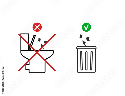 No Flushing Sign Do Not Throw Trash In Toilet, Use Trash Bin Instead Sanitary Disposal Illustration.