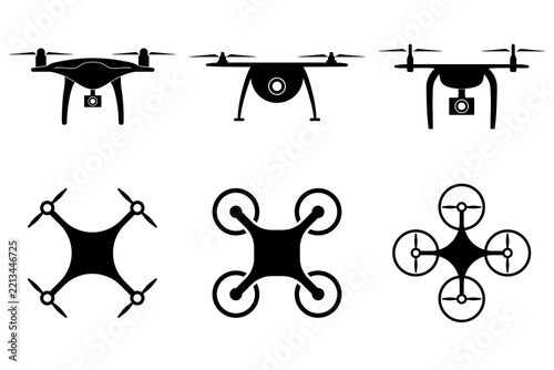 Set of Black Drone Icons and Quadcopter Silhouettes for Technology, Aerial Photography, and Design.