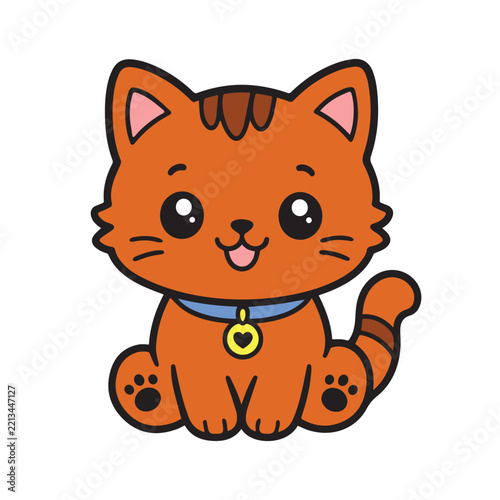 Vector illustration of a cute cartoon character—a ginger kitten with a gold heart-shaped collar