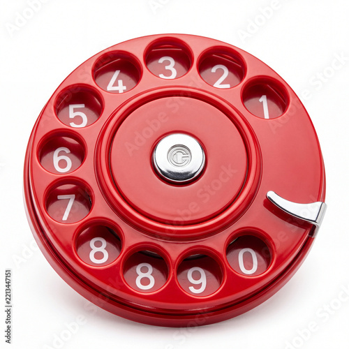 Red Retro Rotary Phone Dial Close-up on White Background