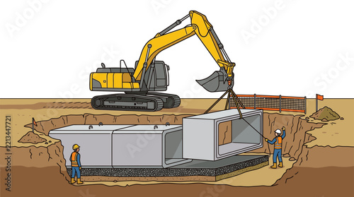 Illustration of Excavator Installing Concrete Culvert Pipes